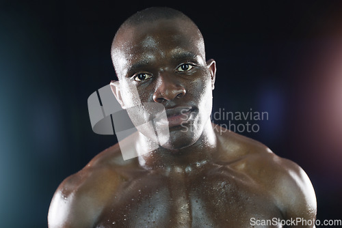 Image of Fitness, body builder and portrait of black man with sweat on dark background for workout, exercise and training. Sports, muscle and face of serious male person with dedication, motivation and focus