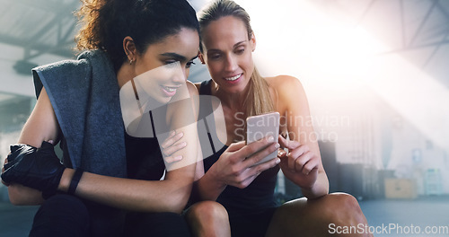 Image of Fitness, phone and girl friends watching a video in a gym with women and smile from training. Social media app, mobile and female person in wellness, exercise and workout class taking a break