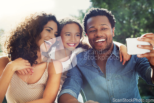 Image of Family, selfie and garden with mom, dad and child together with happiness and smile. Backyard, laugh and profile picture for social media of love, support and parent care with youth and sunshine