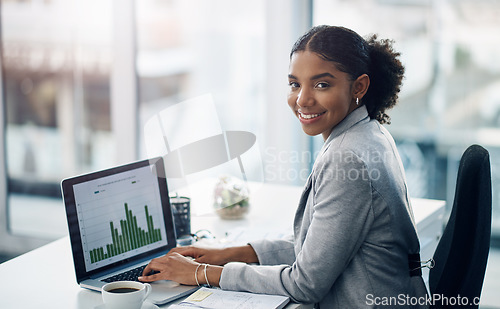 Image of Graph, laptop and portrait of working business woman doing financial strategy for growth at startup company with a smile. Happy, report and female financial advisor with profit progress on a screen