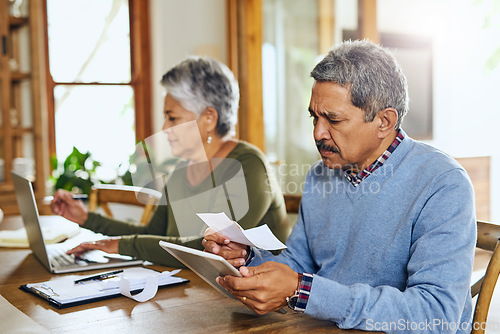 Image of Budget, tablet and senior couple with bills, paperwork and tax documents for life insurance at home. Retirement, finance and elderly man and woman on digital tech for payment, investment and mortgage