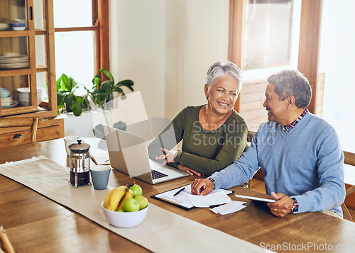 Image of Finance, laptop and happy senior couple with bills, paperwork and documents for life insurance. Retirement, pension and elderly man and woman on computer for mortgage payment, investment and budget