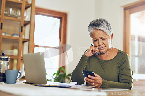 Image of Senior woman, phone budget planning and health insurance checklist at home. Writing, contract and elderly female person with mobile banking, tax and pension form in a house with bills and debt