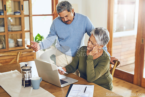 Image of Finance, stress and senior couple on laptop with bills, paperwork and documents for life insurance. Retirement, pension and elderly man and woman with doubt for mortgage payment, investment or budget