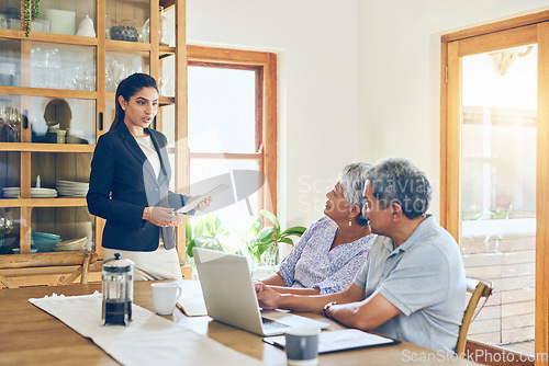 Image of Finance advisor, budget and senior couple with bills, paperwork and life insurance documents. Retirement, laptop and elderly man and woman with financial planner for pension, payment or investment