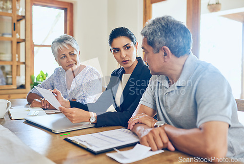 Image of Finance, pension and senior couple with consultant for bills, paperwork and insurance documents. Retirement, budget and elderly man and woman with financial planner for loan, payment or investment