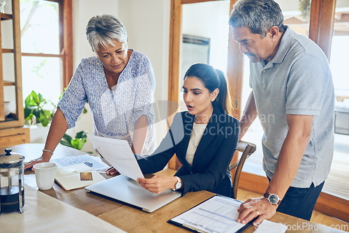 Image of Finance consultant, budget and senior couple with bills, paperwork and life insurance documents. Retirement, laptop and elderly man and woman with financial advisor for pension, payment or investment