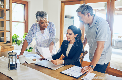 Image of Financial advisor, paperwork and senior couple with bills, documents and life insurance for planning. Retirement, pension and elderly man and woman with consultant for mortgage, payment or investment