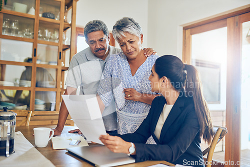 Image of Financial advisor, budget and senior couple with bills, paperwork and insurance documents. Retirement, consultant and elderly man and woman with finance planner for pension, payment or investment