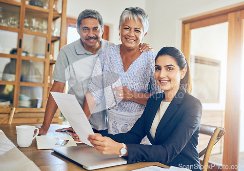 Image of Portrait, budget and senior couple with financial advisor bills, paperwork and documents for insurance. Retirement, finance consultant and elderly man and woman for pension, payment and investment