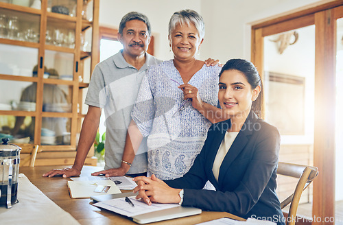 Image of Finance consultant, budget and portrait senior couple with bills, paperwork and insurance documents. Retirement, financial advisor and elderly man and woman for pension loan, payment and investment