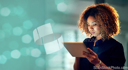 Image of Night, office and business woman with tablet on bokeh, mockup and space for advertising. Online, search and serious African female person working late on creative, idea or proposal plan
