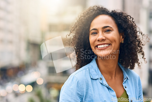 Image of Happy, smile and portrait of woman in city with happiness, freedom and confidence in urban town. Traveling, face and confident and African female person on weekend, holiday and relax in South Africa