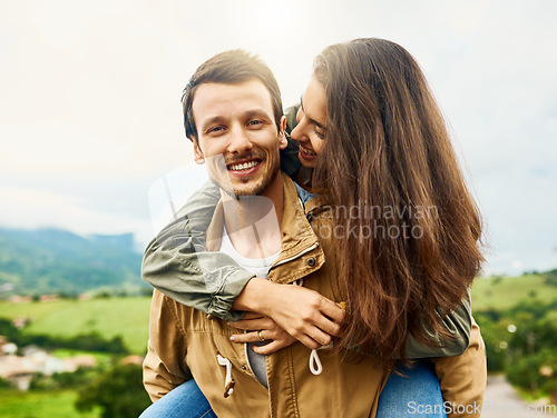 Image of Relax, love and piggyback with couple in nature for happy, smile and bonding. Happiness, playful and care with portrait of man carrying woman on countryside date for spring, vacation and support