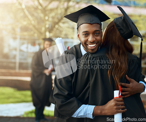 Image of Graduation, hug and students celebrating academic achievement or graduates together with joy on happy day and outdoors. Friends, certificate and african people embrace or success or diploma and hats