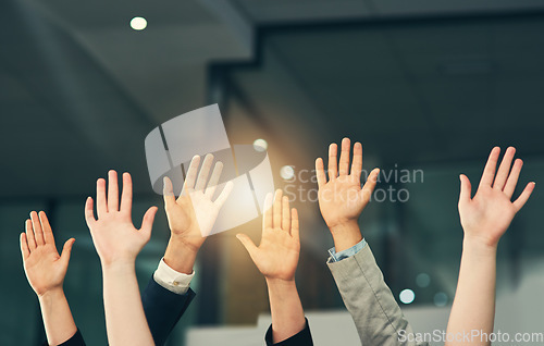 Image of Palm, hands and group of business people with question for feedback in presentation, workshop and tradeshow. Corporate office, audience and workers raising hand for seminar, meeting and conference