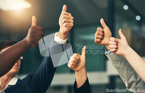 Image of Teamwork, thumbs up and hands of business people in office for feedback, good news and agreement. Corporate, collaboration and men and employee workers with gesture for thank you, support or yes sign