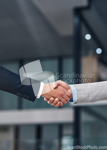 Image of Handshake, recruitment and hands of business men in office for hiring, partnership deal and thank you. Corporate, collaboration and male workers shaking hands for onboarding, support and teamwork