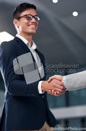 Image of Collaboration, handshake and business men in office for partnership, recruitment deal and thank you. Corporate, agreement and happy male workers shaking hands for onboarding, support and teamwork