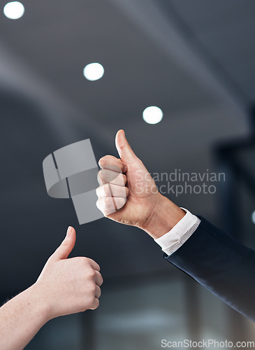 Image of Collaboration, thumbs up and hands of business people in office for feedback, good news and agreement. Corporate, approval and workers with gesture for thank you, support and yes sign in workplace