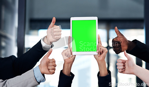 Image of Green screen, thumbs up and business people on tablet for branding, contact us and online app. Mockup space, digital tech and hands with like or approval for social media, advertising and website