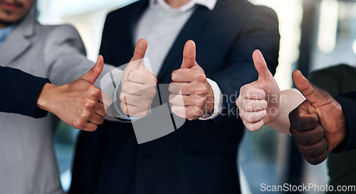 Image of Approve, thumbs up and hands of business people in office for feedback, good news and agreement. Corporate diversity, teamwork and group of workers with like gesture for thank you, support and yes