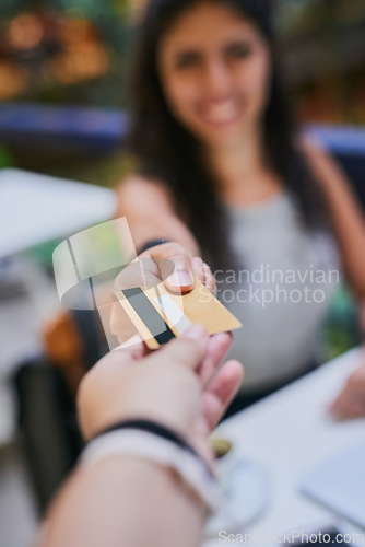 Image of Woman, hands and credit card payment at a cafe or waiter in restaurant for transaction or customer ready for purchase and at coffee shop. Bills, finance and lady client or cashier and shopping person