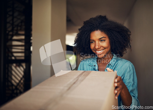 Image of African woman, front door and package for delivery, e commerce and shipping service with happiness at house. Girl, box and smile for supply chain, customer experience and cargo for mail at apartment
