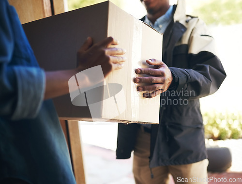 Image of Woman, man and front door with package, delivery or ecommerce service for logistics, sale or cargo at house. Girl, box and hands for supply chain, customer experience or courier for mail at apartment