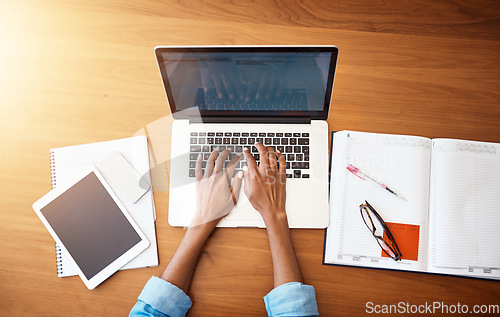Image of Woman hands, tech typing and laptop with work from home and business planning. Freelancer, female person and above of computer with paperwork, notebook and writing in a house doing web research