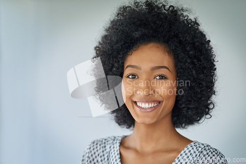 Image of Smile, portrait of happy black woman and in a white background from brazil. Confident or elegant, fashion designer and isolated smiling or excited Brazilian female person in a studio backdrop