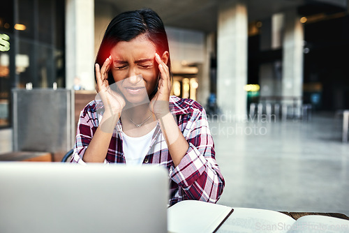 Image of Woman, student and laptop with headache in stress, anxiety or burnout from overworked or studying at campus. Stressed female person or university learner suffering bad head pain, strain or ache