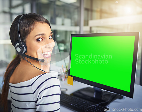 Image of Call center, green screen and portrait of woman on computer for consulting, customer service and help. Telemarketing, communication mockup and female consultant for contact, crm support and network