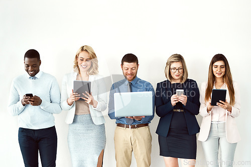 Image of Group, wall or business people with technology connection for hiring, vacancy recruitment or job interview. Digital, women or happy men on white background waiting room for startup company onboarding