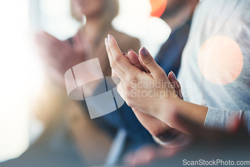 Image of Applause, support and motivation with hands of business people for success, teamwork and celebration. Wow, winner and target with closeup of audience clapping for goal, seminar and agreement