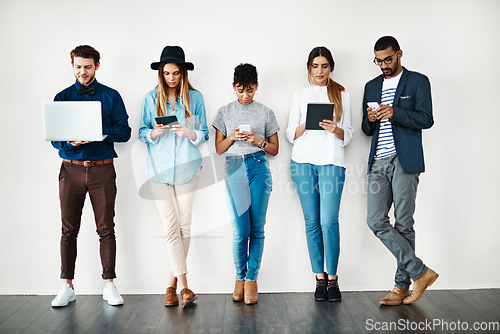 Image of People, diversity and tech connection on social media, online youth or digital communication on technology. Group, gen z connectivity and talking on phone, laptop or tablet on white background