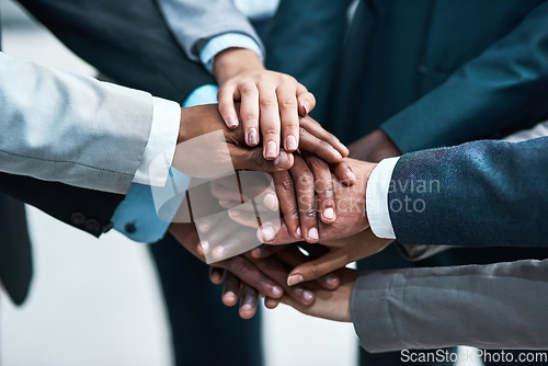 Image of Teamwork, business people and hands stacked for support, target or team building, collaboration goals and group. Circle, diversity and business women and men, together sign, success or staff mission