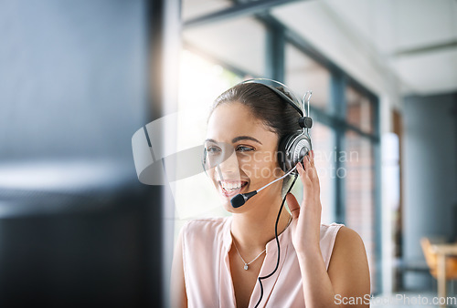 Image of Customer service, receptionist and female telemarketing consultant working on an online consultation in office. Contact us, communication and woman call center agent with a crm strategy in workplace.