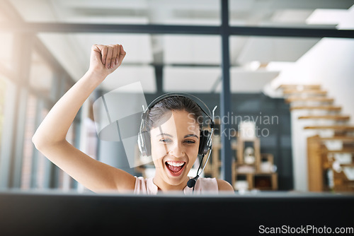 Image of Happy woman, call center and celebration for success, promotion or winning in customer service or telemarketing at the office. Excited female person or consultant agent winner in contact us or sale