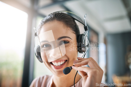 Image of Telemarketing, portrait and woman consultant in office on an online consultation with headset. Receptionist, contact us and female call center or customer support agent with crm strategy in workplace