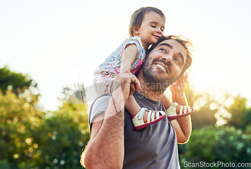 Image of Dad, daughter and smile on shoulders in park with trust, happiness or love in summer sunshine. Young family, baby girl or walk together for freedom, bond and piggyback with care, backyard or garden