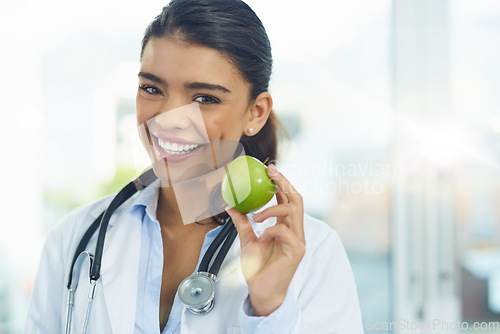 Image of Doctor, portrait and smile of woman with apple for healthy diet, nutrition or wellness mockup. Face, nutritionist and medical person with fruit for advice, healthcare and food for health benefits.