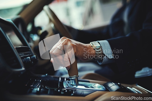 Image of Driving, car and gear with hand of man for manual, transportation and engine. Luxury, test drive and safety with closeup of male driver in vehicle for commute, travel and automobile transmission