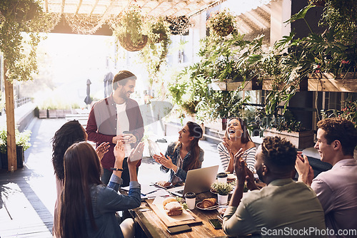 Image of Applause, restaurant and business people in lunch meeting for discussion, planning and profit goal. Cafe, teamwork success and men and women clapping for winning, collaboration and achievement