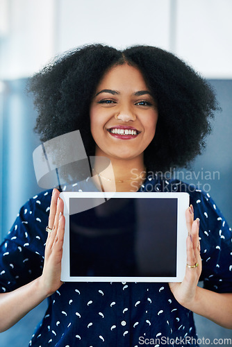 Image of Happy woman, tablet and mockup screen with space for website, internet and network promotion. Technology, blank display and digital advertising for logo, brand or app ux with portrait a female model