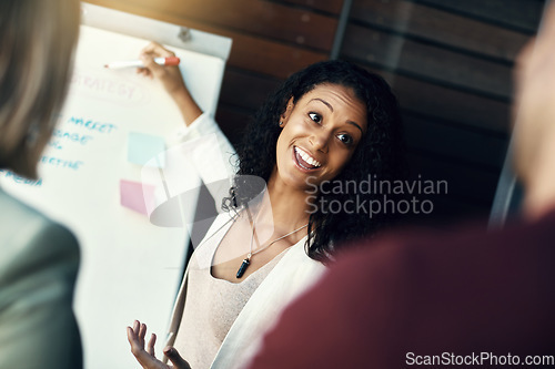 Image of Presentation whiteboard, audience or happy woman speech, proposal negotiation or marketing strategy deal. Sales pitch, communication or team leader, speaker or biracial person speaking to clients