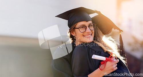 Image of Friends, students and hug at graduation with college or university women together. Happy people outdoor to celebrate education achievement, success and future goals at school event with mockup space