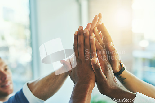 Image of High five, hands and success with business people in office for motivation, winner and agreement. Support, goals and target with closeup of employees for teamwork, collaboration and solidarity