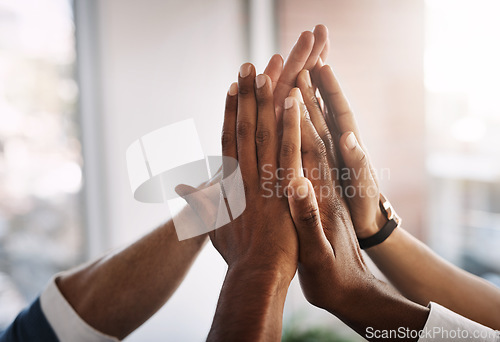 Image of High five, hands and motivation with business people in office for success, winner and agreement. Support, goals and target with closeup of employees for teamwork, collaboration and solidarity