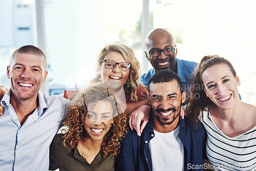 Image of Happy people, business portrait and hug in a office with a smile from copywriter teamwork and collaboration. Diversity, happiness and writer staff together proud from motivation, trust and success